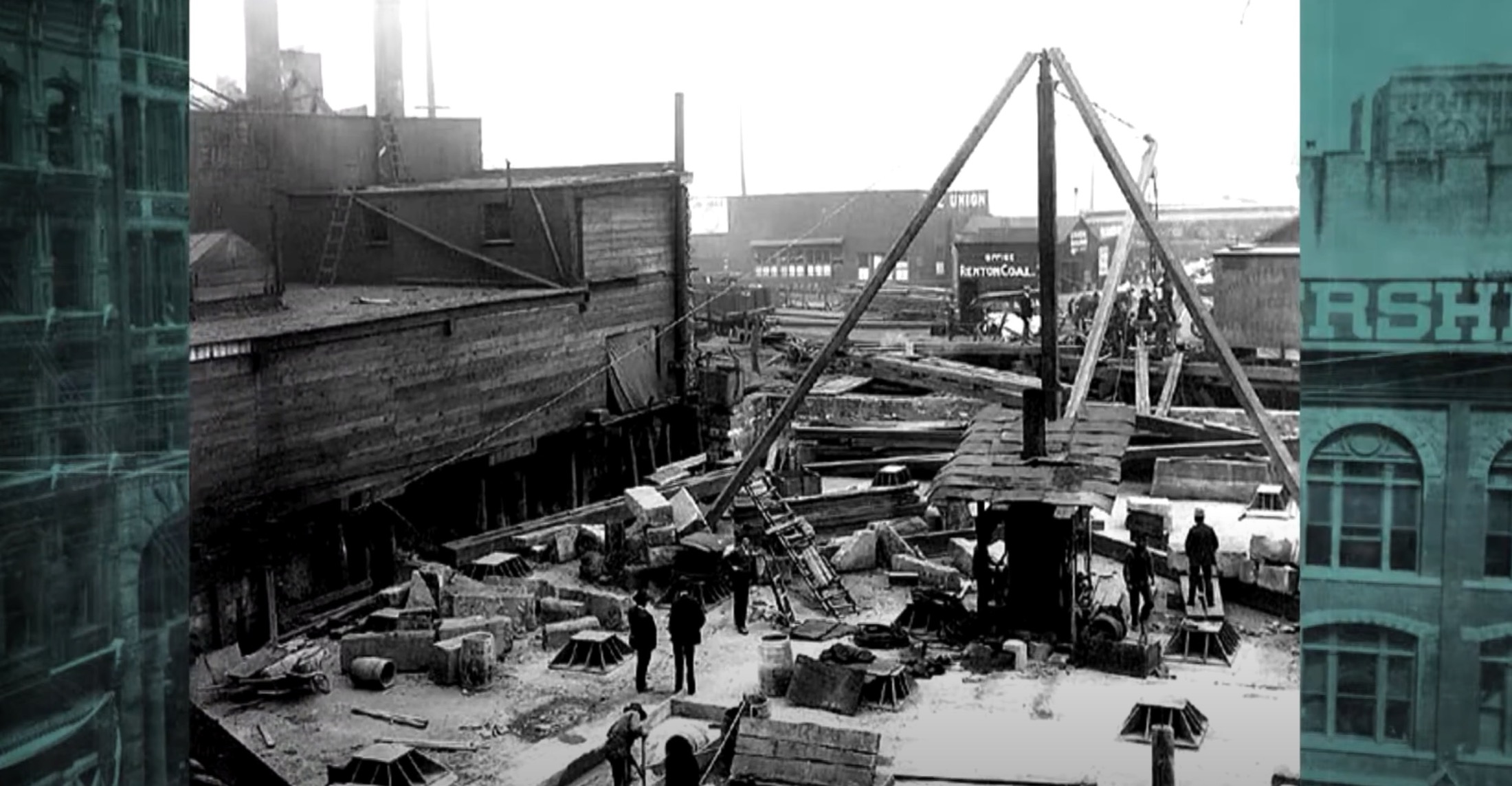 Old black and white photo of a construction project